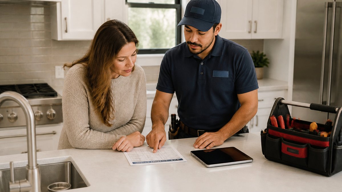 A homeowner and a uniformed technician reviewing a printed work schedule at a kitchen island, with a tablet showing appointment times and a toolbox nearby