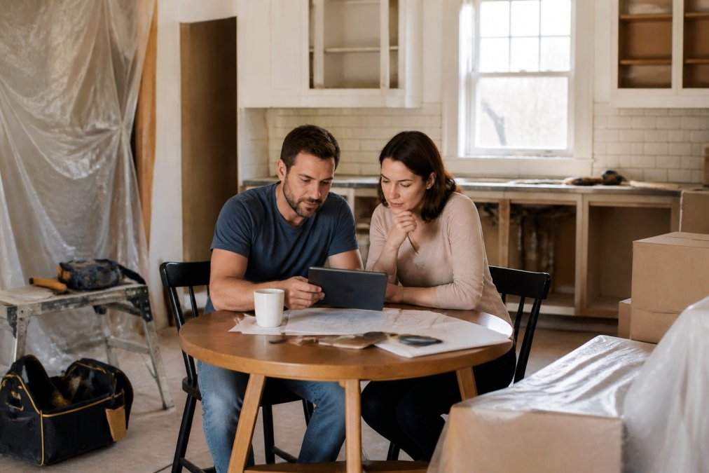 Couple reviewing renovation plans on a tablet to learn how to manage home renovations without stress during construction.