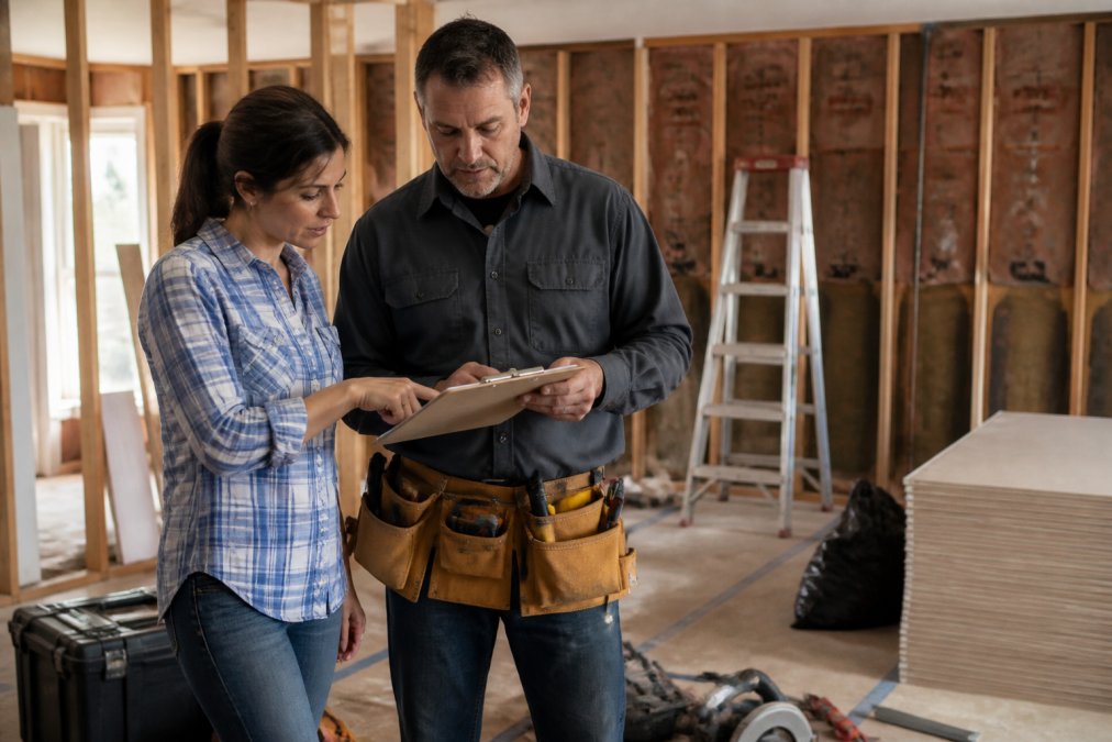 Homeowner and contractor reviewing notes on a clipboard during home repair projects