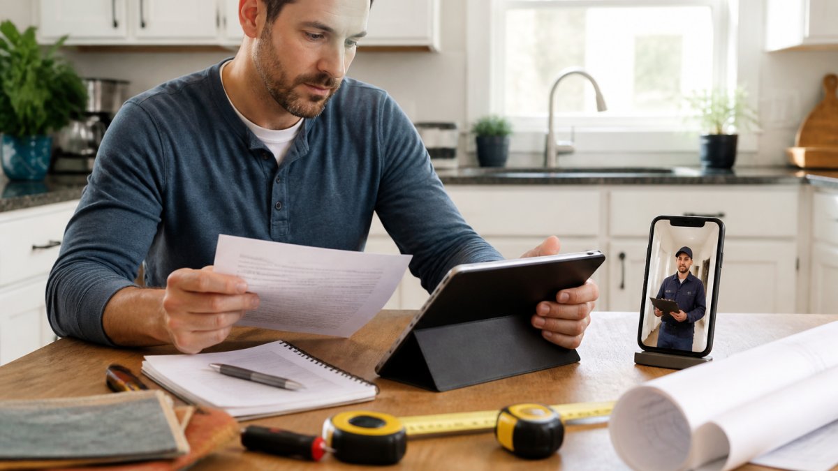 Infographic showing the process of coordinating remote home repairs via video call and digital paperwork.