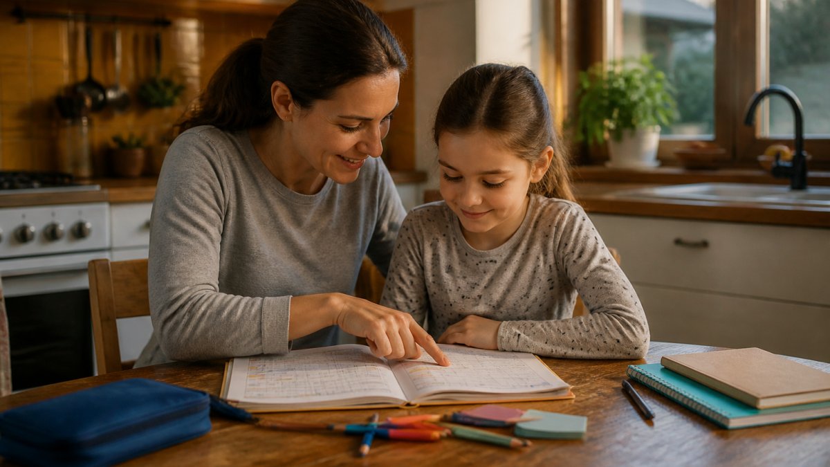 Infographic showing a step-by-step homework routine to reduce homework stress for parents and children.