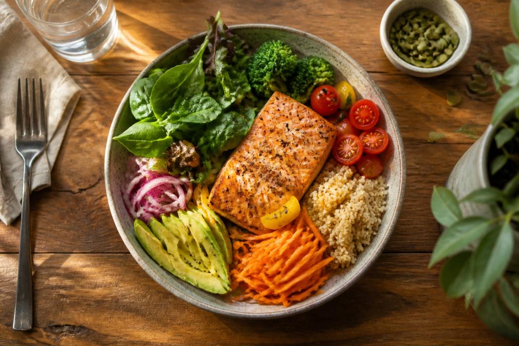 Overhead view of a balanced meal with leafy greens, omega-3 rich fish, colourful vegetables and whole grains on a wooden table with natural morning light