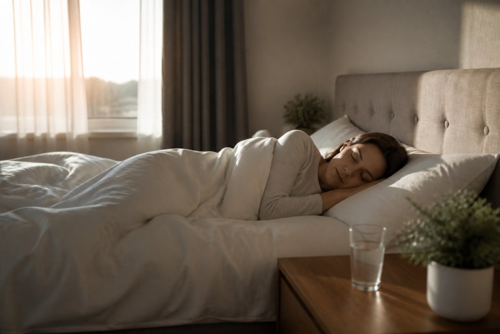 Person sleeping peacefully in a calm, dimly lit bedroom with soft natural morning light filtering gently through sheer curtains, white bedding undisturbed