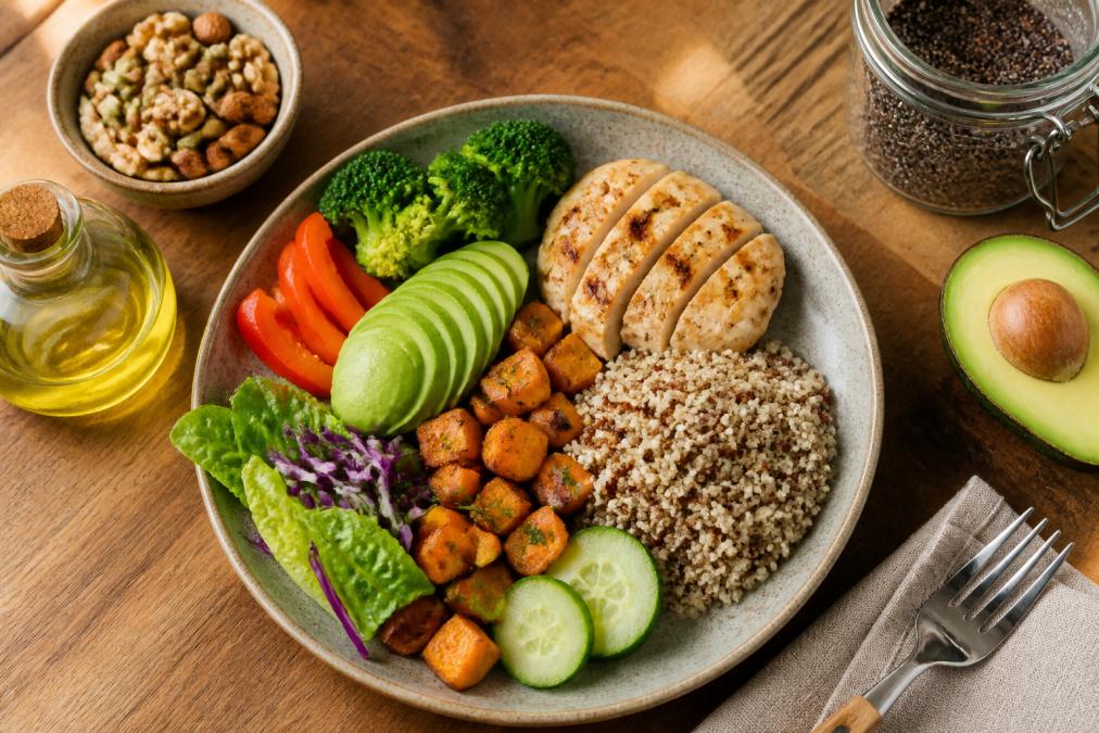 Overhead view of a nutrient-dense meal plate featuring colorful vegetables, lean grilled chicken or fish, whole grains, and healthy fats like olive oil and avocado in natural kitchen lighting