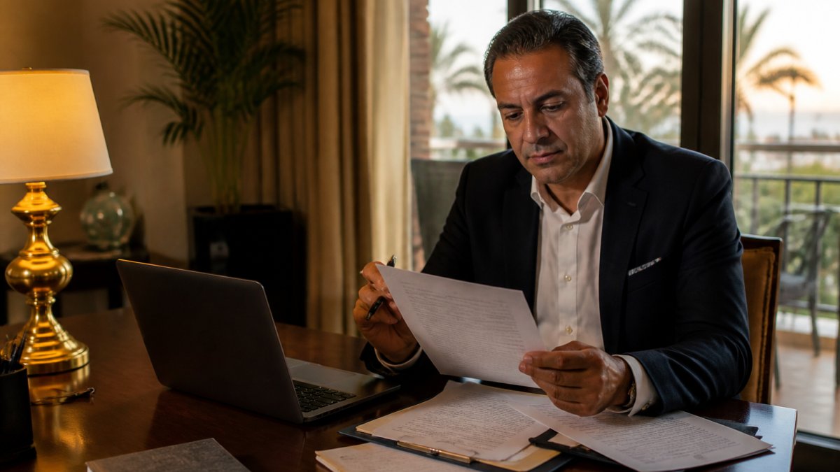 Hotel manager reviewing vendor security contracts to manage hotel guest data privacy at a desk with a laptop.