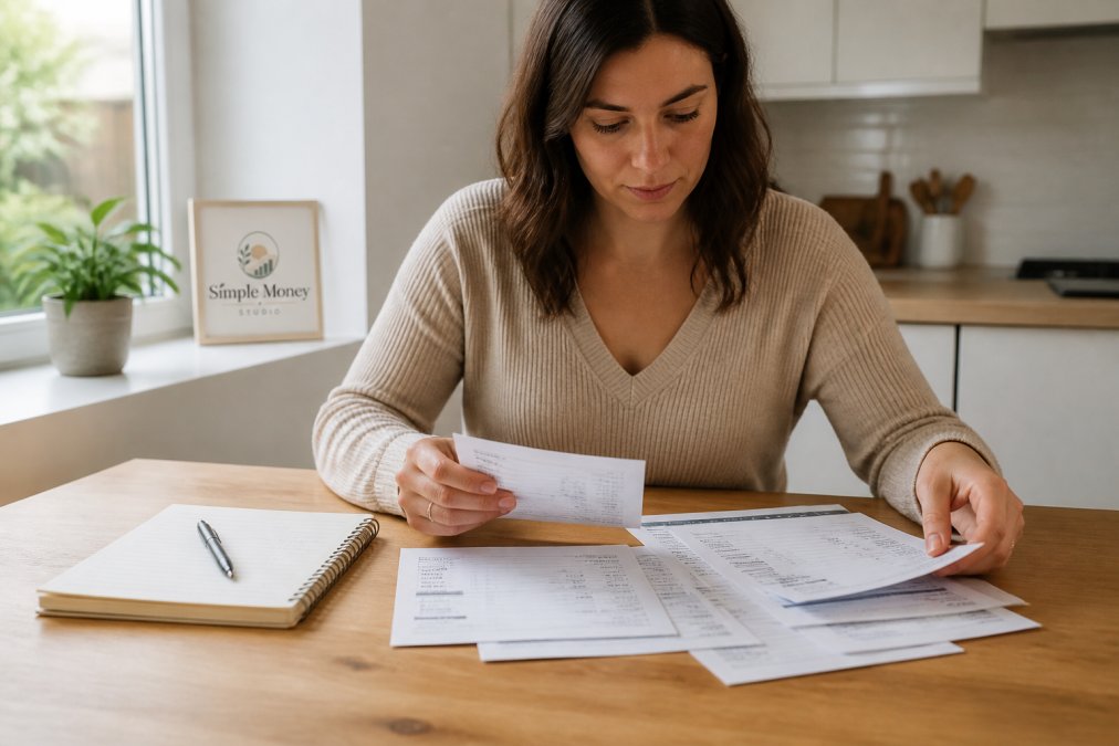 A person organizing pay stubs and notes to track household finances at a kitchen table