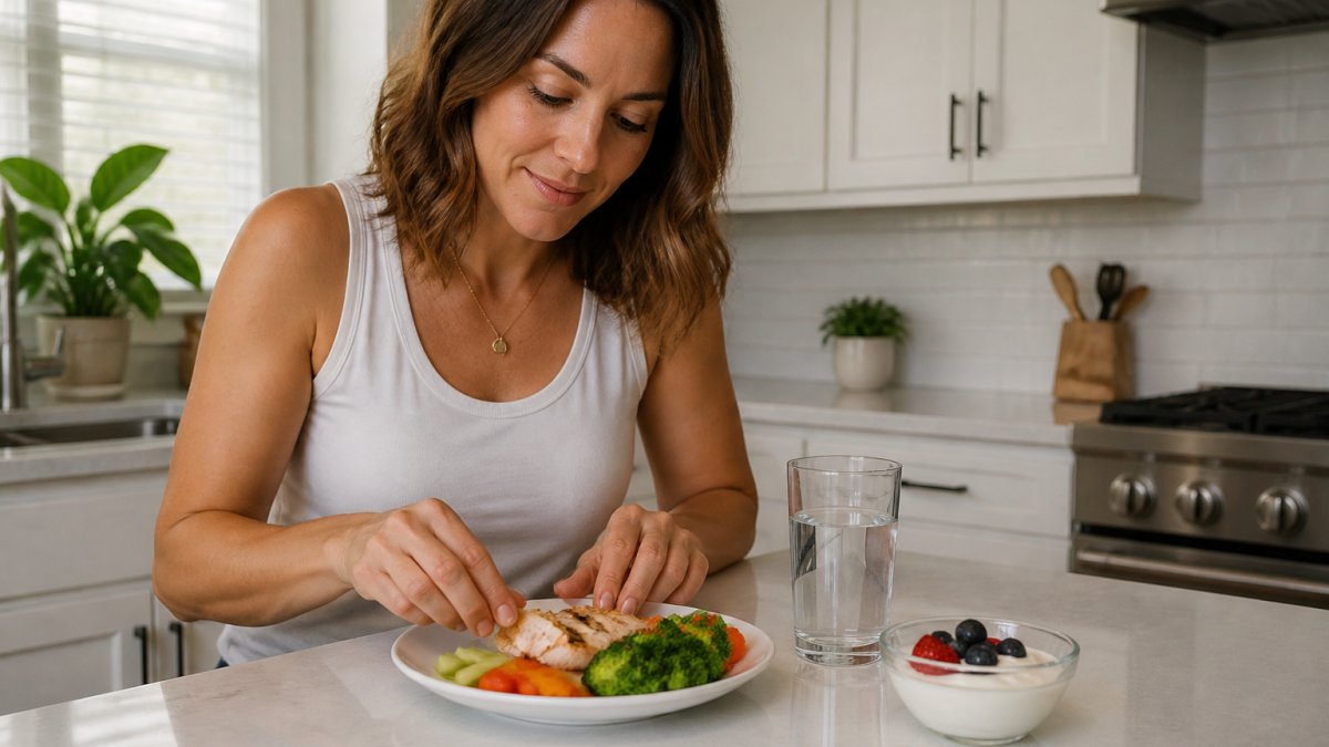 A person in a bright kitchen arranging small portions of lean protein, vegetables, and Greek yogurt on a plate, with a glass of water nearby