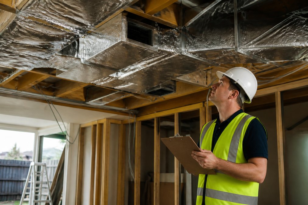 An HVAC site supervisor in a high-visibility vest holding a clipboard and inspecting ductwork installation inside a residential property, with tools and equipment visible in the background