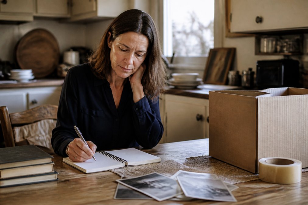 A woman sitting at a kitchen table with a laptop open to a checklist, a notebook and pen beside her, a cardboard box and roll of packing tape in the background, soft afternoon light through a window