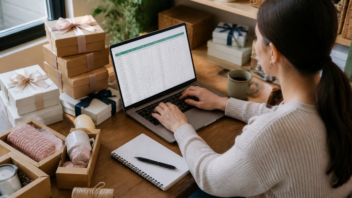 A person sitting at a desk with a laptop open to a spreadsheet, surrounded by neatly organized gift boxes and a notepad with inventory notes