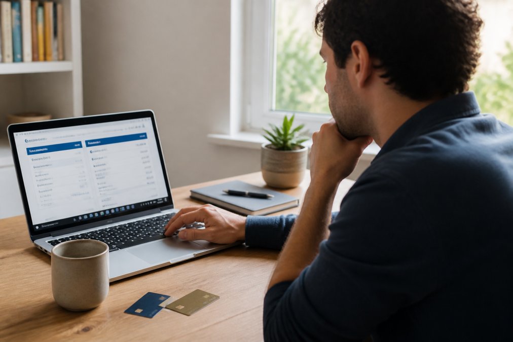 Freelancer at home desk reviewing two separate bank accounts on laptop screen, with physical business and personal credit cards visible, natural window lighting