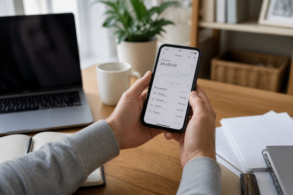 Hands holding smartphone showing financial dashboard with income tracking and account balance automation, modern home office with laptop visible, bright natural lighting
