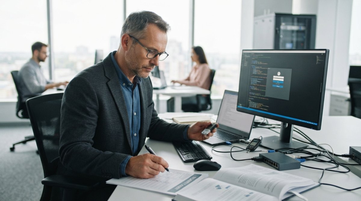 IT professional working at a desk reviewing security settings and multi-factor authentication configuration on multiple monitors in a modern office with natural lighting
