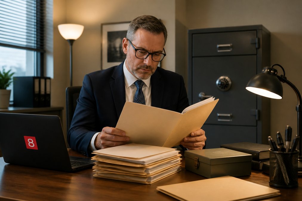 A compliance officer in formal business attire reviewing classified documentation at a secure desk with a laptop and a locked steel filing cabinet visible in the background, under warm office lighting