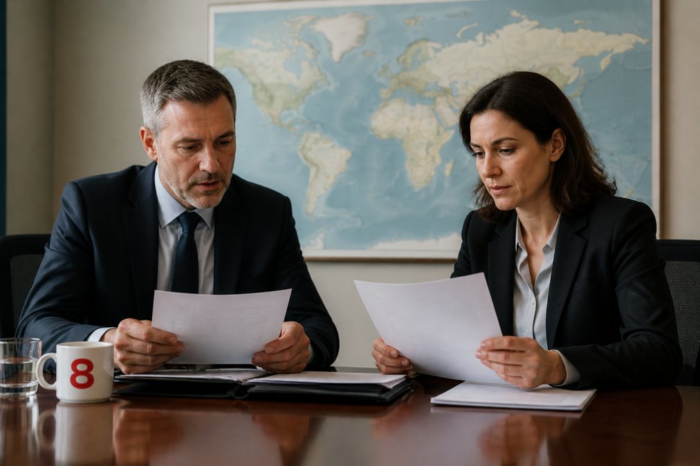 Two defence procurement professionals in dark business suits reviewing printed contract documents across a polished conference table, with a large world map mounted on the wall behind them under bright overhead lighting