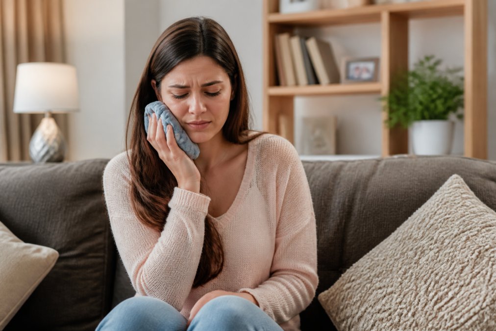 A person gently holding a soft fabric cold compress against their jaw while sitting comfortably on a sofa in a bright, calm living room