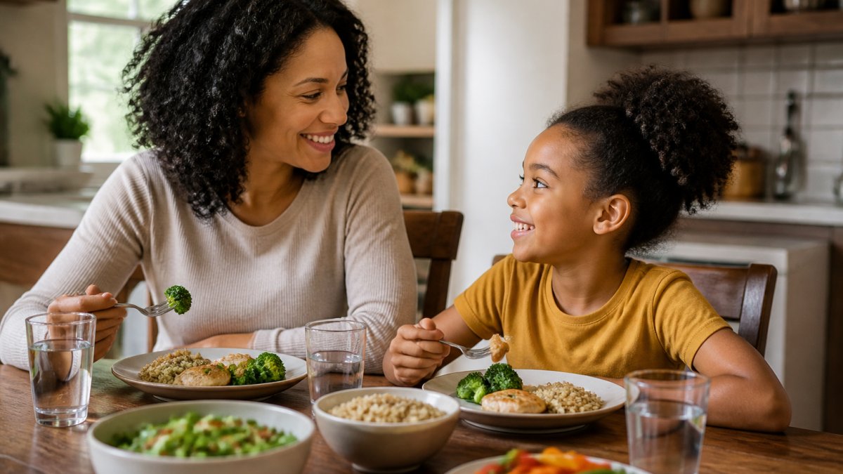 Parent and child sitting together at a dining table with a balanced meal of vegetables, protein, and whole grains, both looking relaxed and content in warm natural lighting