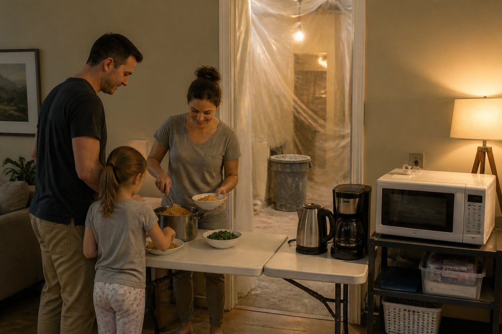 A family preparing a simple pasta dinner on a folding table in a living room corner, with a microwave, electric kettle, and small coffee maker arranged nearby, while a plastic-draped kitchen doorway shows construction dust in the background under warm evening lamplight