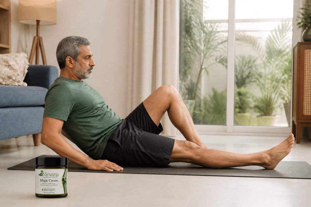 Middle-aged person performing heel slide exercise on exercise mat in bright home setting, with leg extended and proper form demonstrated