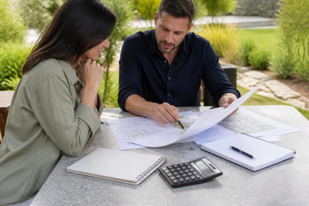 Professional landscape designer reviewing detailed project plans and cost breakdown documents with homeowner at outdoor site meeting, garden visible in background, natural daylight