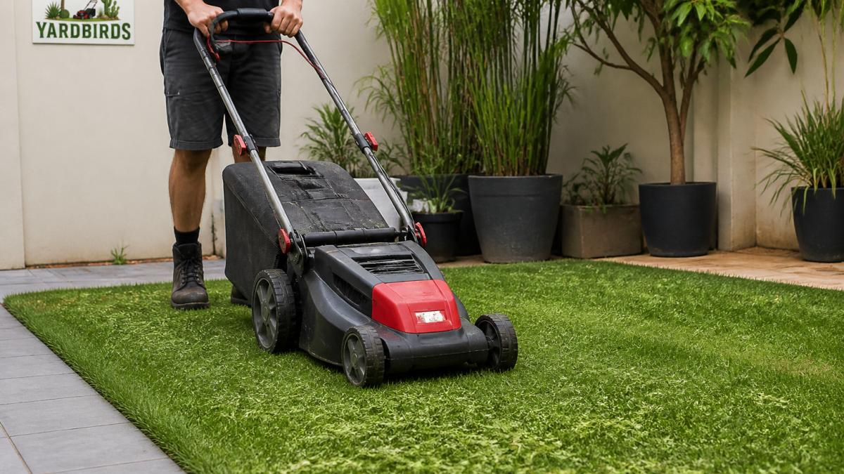 Close-up of a person mowing a small courtyard lawn with an electric mower, fine clippings scattered evenly across the grass, potted plants and a paved edge in the background