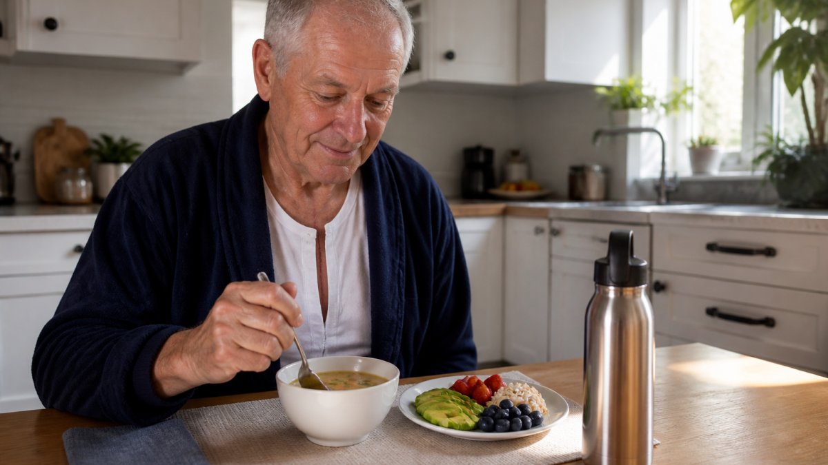 A heart surgery patient sitting at a kitchen table with a small plate of colorful, nutrient-dense foods like sliced avocado, berries, and a small bowl of soup. A stainless steel water bottle sits nearby. Soft natural light, warm and hopeful atmosphere.
