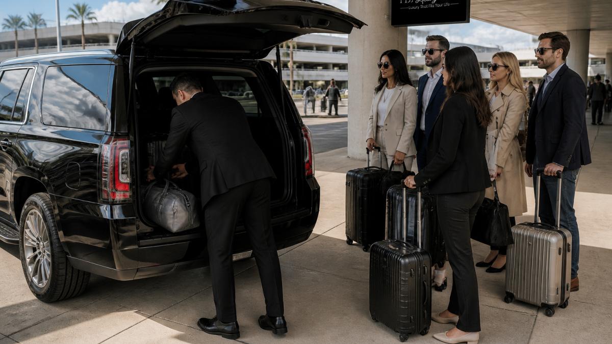Chauffeur loading luggage into a luxury SUV for group airport transfers at the terminal curb