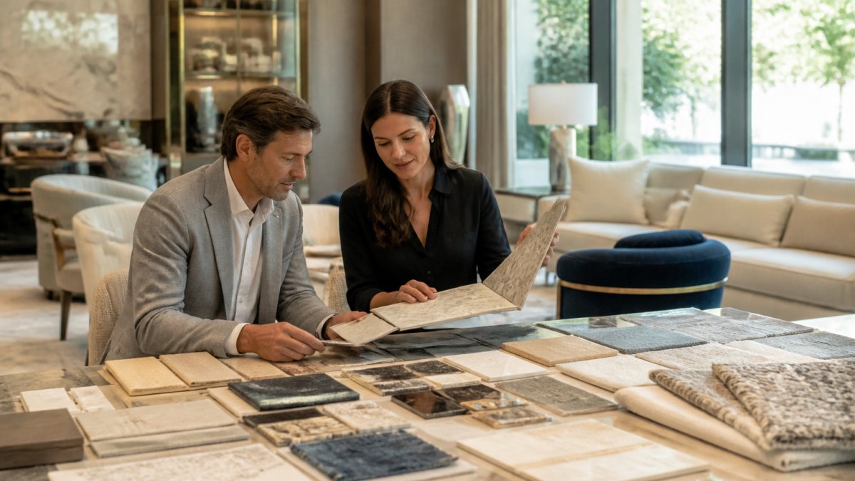 Interior designer and homeowner reviewing mood boards and fabric samples together at a luxury showroom display, with bespoke furniture pieces and elegant finishes visible in the background, natural light streaming through large windows