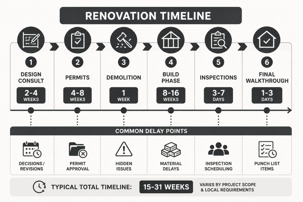 Timeline showing typical renovation phases: design consult (2-4 weeks), permits (4-8 weeks), demolition (1 week), build phase (8-16 weeks), inspections, and final walkthrough, with common delay points marked