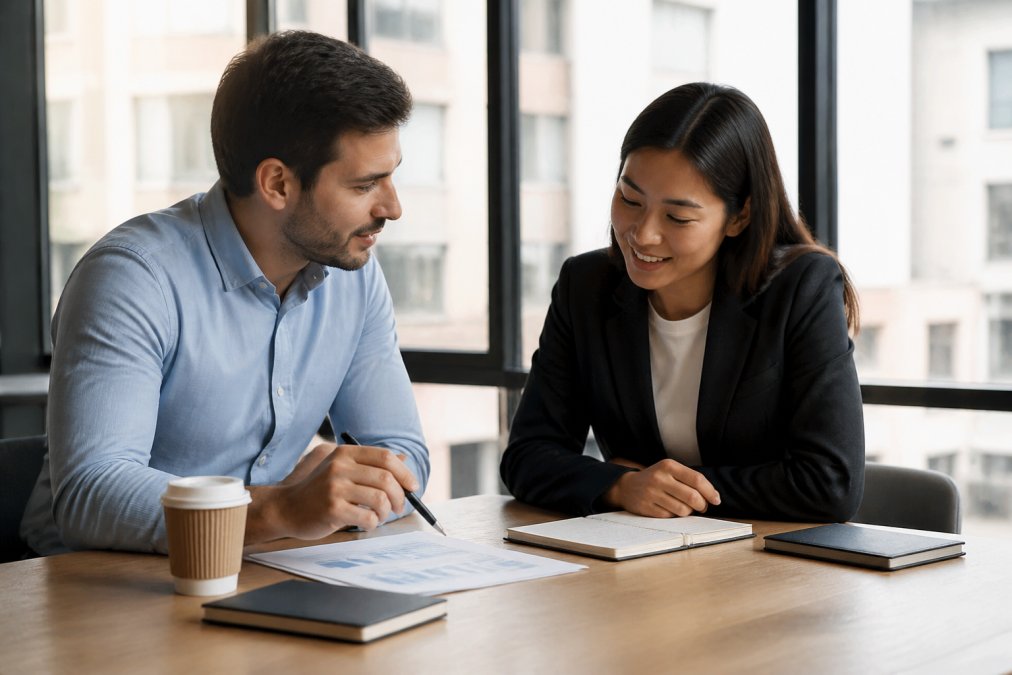 Marketing team and agency partner reviewing performance metrics on laptop during scheduled check-in meeting in bright modern office with coffee and notes on desk