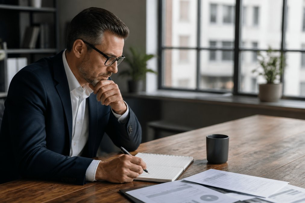 Business leader reviewing marketing performance dashboard on desktop monitor with detailed metrics, notes, and coffee on desk in professional office
