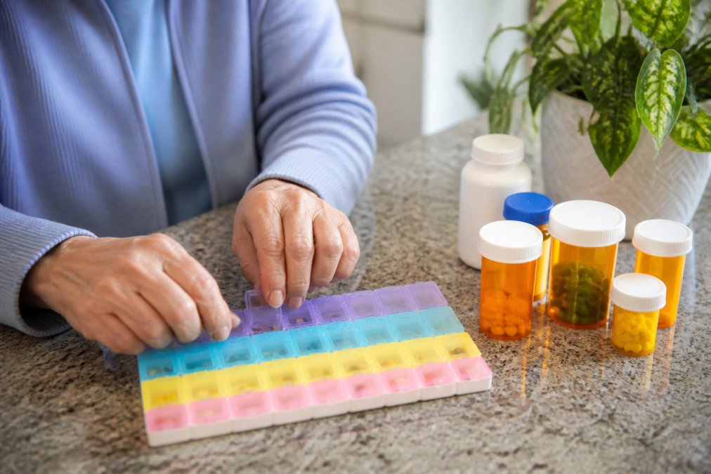 Close-up of hands organizing colorful pill bottles and a weekly pill organizer on a kitchen counter with natural light