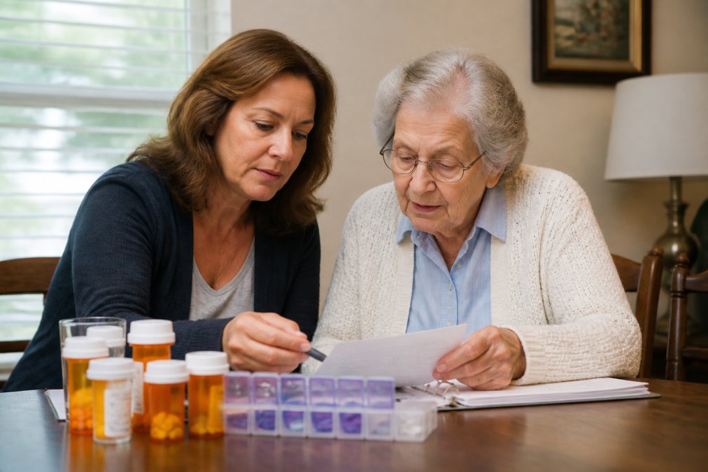 Adult child and aging parent sitting together at a table reviewing medication instructions and notes, warm home setting