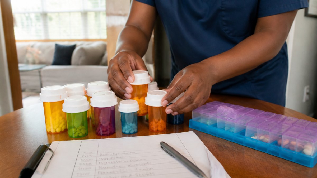 Professional caregiver's hands organizing multiple medication bottles by color and label on a wooden home table, with a handwritten medication schedule and pen visible nearby, natural window lighting