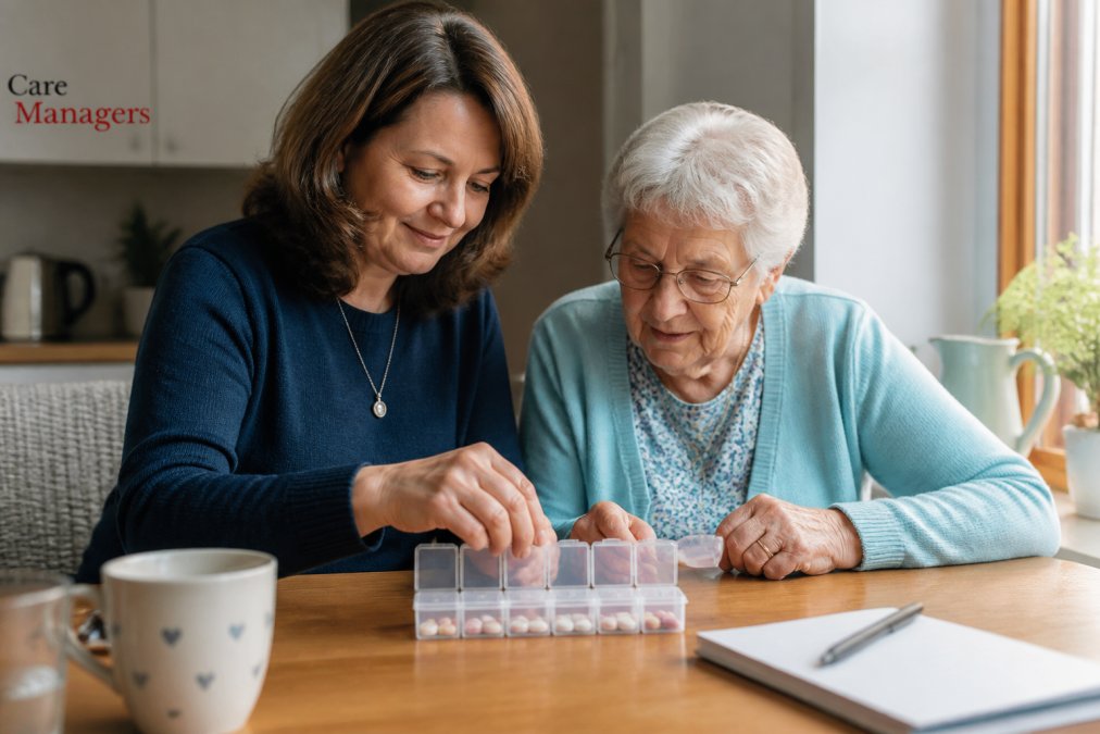 A middle-aged woman sitting at a kitchen table with her elderly mother, sorting tablets into a weekly pill organizer while a smartphone shows a medication reminder app, soft morning light through the window