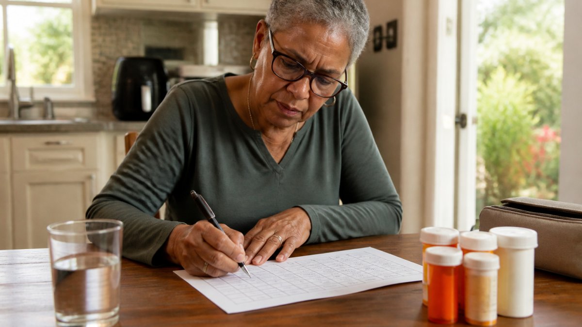 Person filling out a printed medication tracking chart at a kitchen table with pill bottles and water nearby