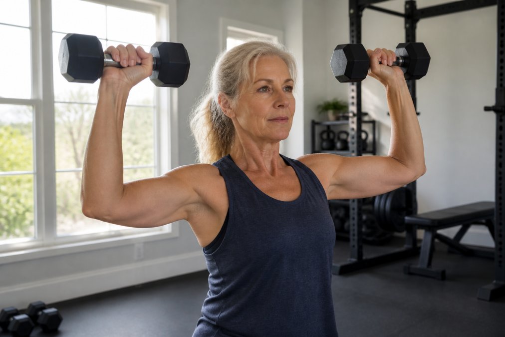 Woman in her 50s performing a dumbbell shoulder press to manage menopause weight gain in a bright home gym