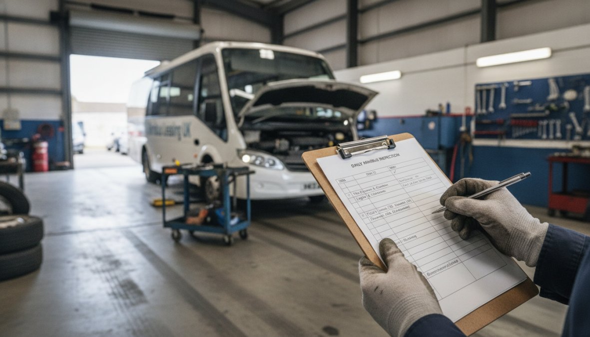 A minibus driver performing a pre-trip inspection, checking tyre pressure and fluid levels with a clipboard in hand, in morning sunlight at a depot