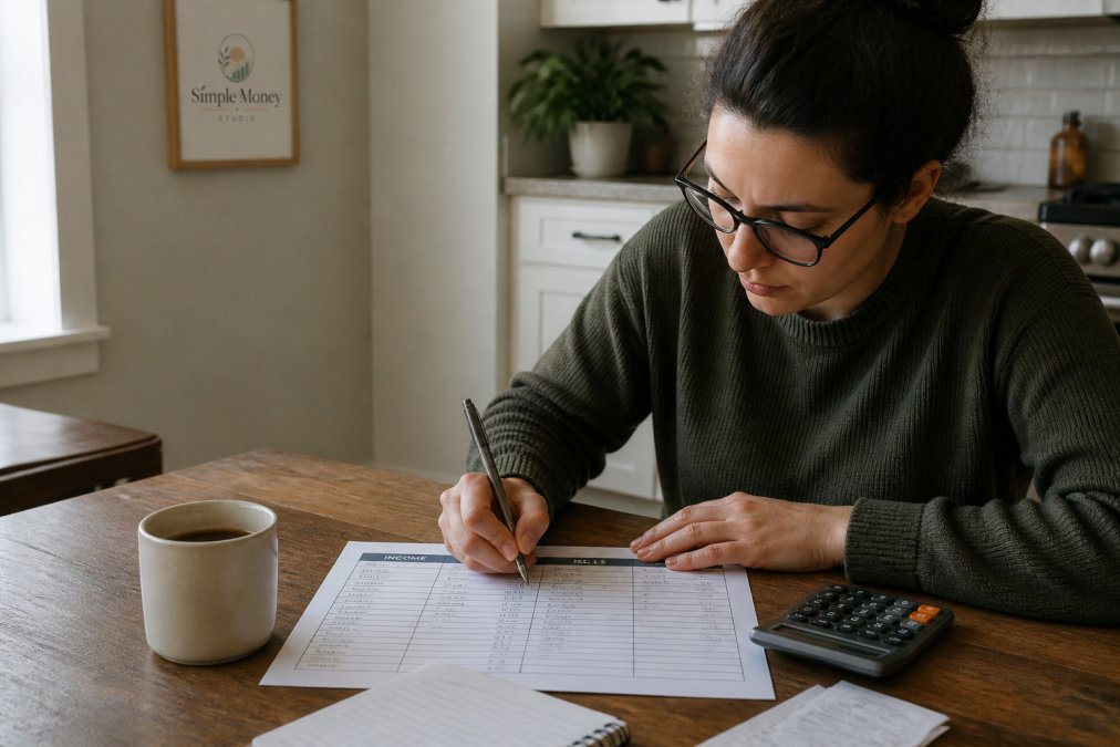 A person using a calculator and worksheet to manage money manually by filling in income and monthly budget columns.