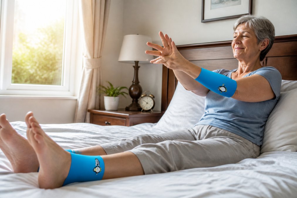 Older adult performing gentle ankle pumps and wrist circles while still in bed, hands and feet clearly visible showing the motion with morning sunlight through window