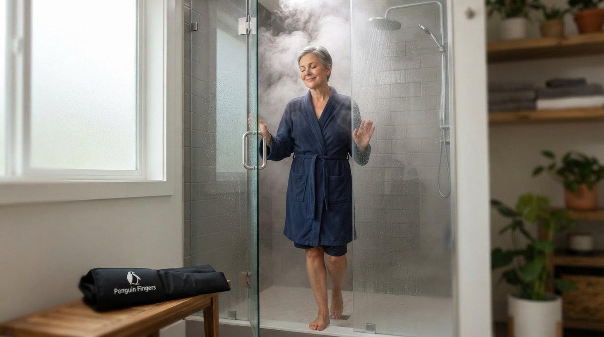 Person stepping into a warm shower with steam visible, relaxed expression showing relief and comfort, natural bathroom lighting