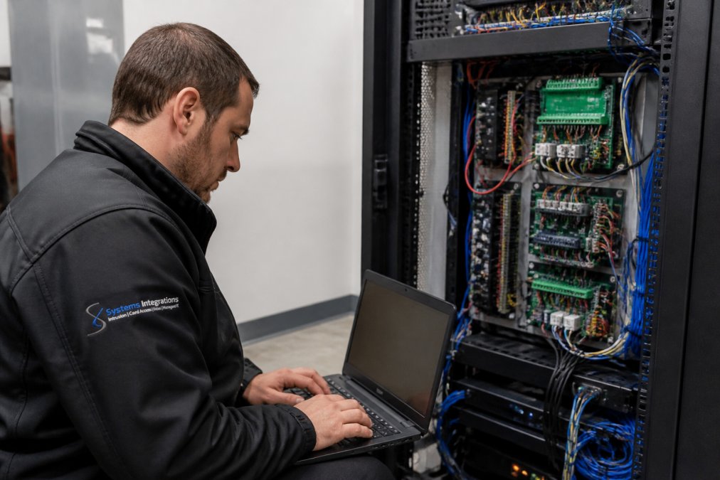 Security technician inspecting wiring for a multi site access control system in a server room