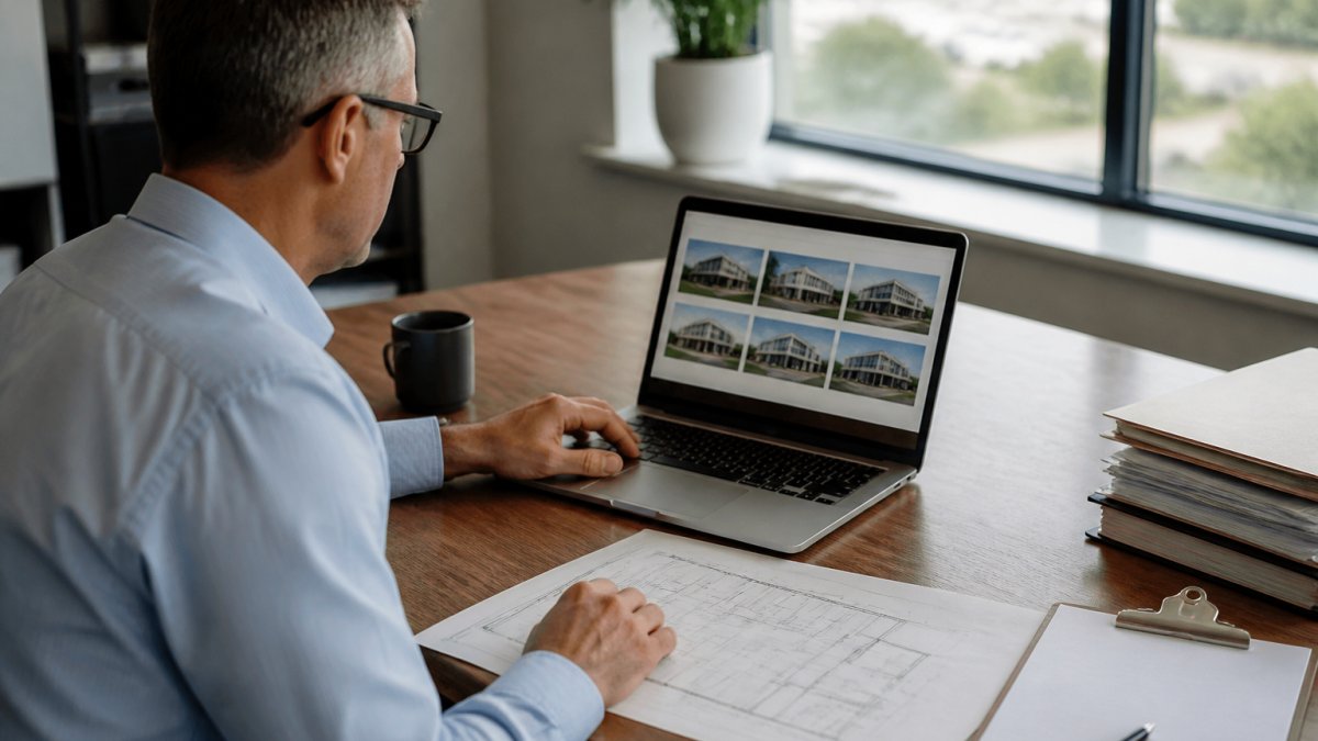 A facility manager in a bright office reviewing a laptop dashboard showing multiple building locations, with a printed floor plan and clipboard on the desk