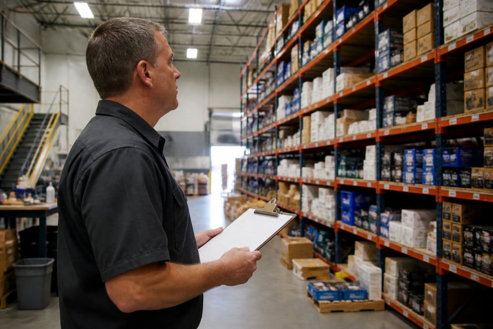Operations manager viewing real-time inventory dashboard on a computer monitor at a multi-store automotive parts warehouse, with shelves of parts visible in the background and natural overhead lighting