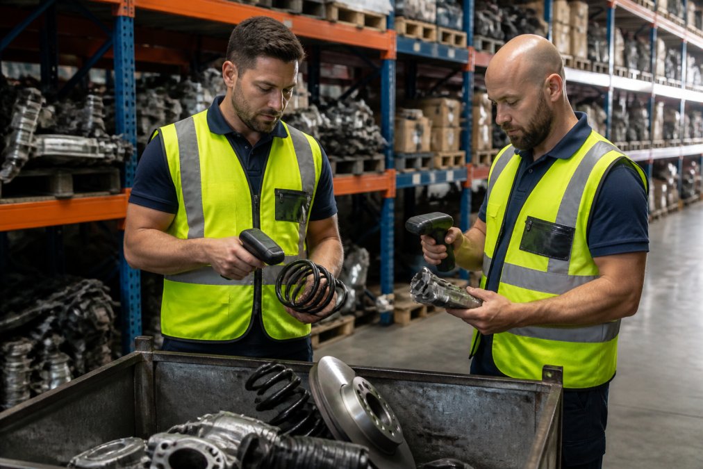 Two warehouse staff members in safety vests scanning automotive inventory items with handheld devices, coordinating a stock transfer between locations in a well-lit warehouse