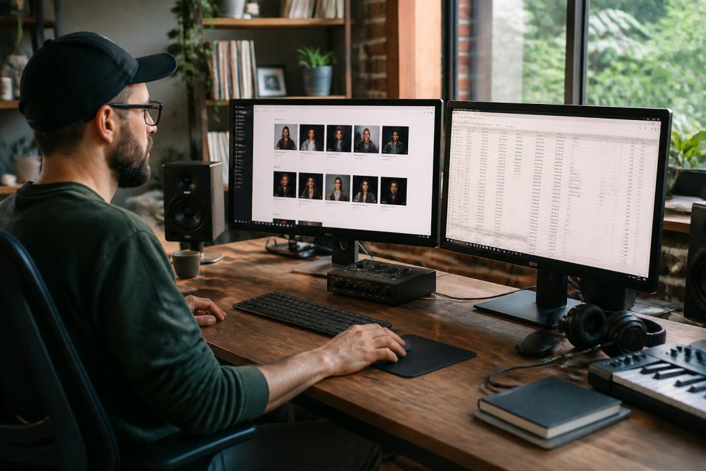 A label manager at a desk with two monitors, one showing a dashboard with multiple artist profiles and the other showing a spreadsheet of release dates, in a modern home studio