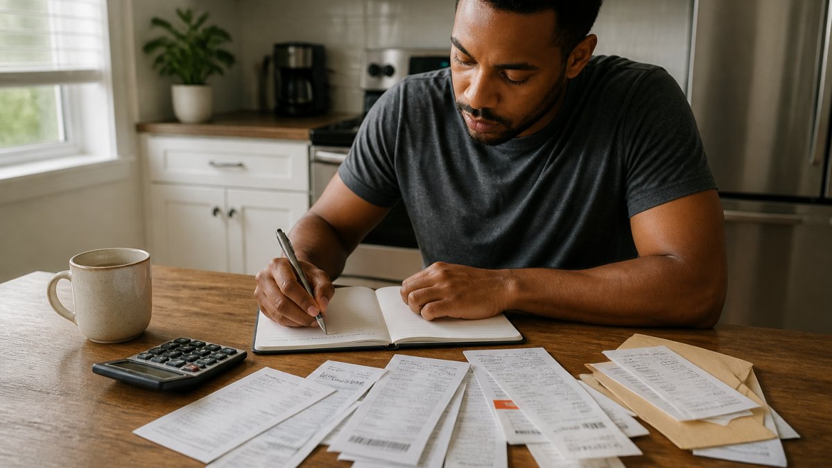 A person sitting at a kitchen table with a notebook, calculator, and several bills spread out, writing a debt repayment plan by hand in soft afternoon light