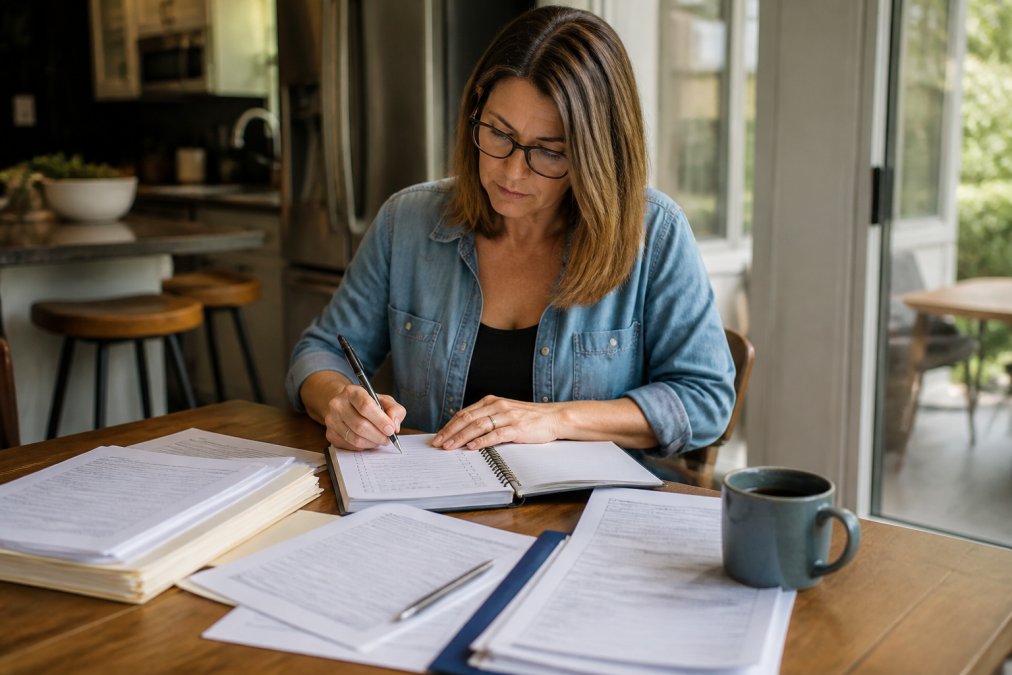 Checklist for organizing multiple insurance documents on a laptop at a kitchen table