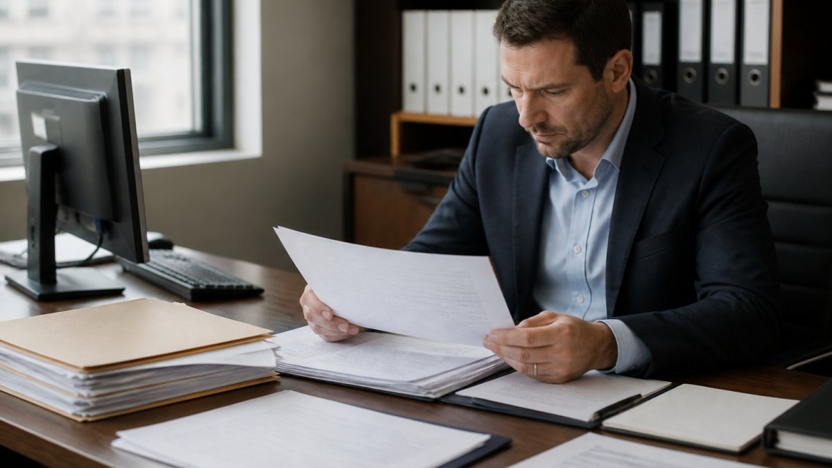 Business professional reviewing detailed entity ownership documentation and corporate structure chart displayed on computer screen and printed documents at organized desk with filing system