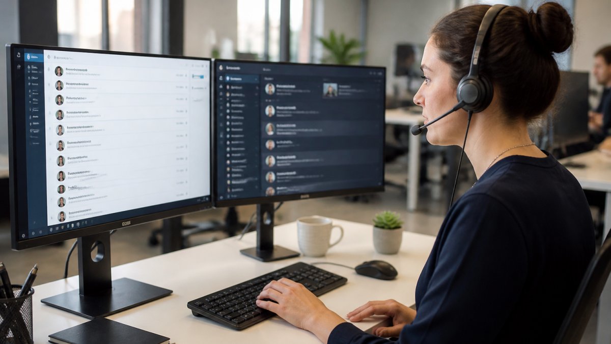 A customer support agent at a desk with two monitors, one showing a unified inbox with conversation threads and the other showing a team chat, in a bright modern office